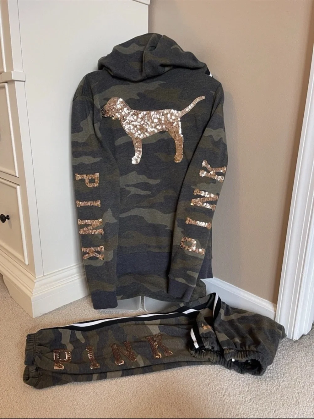 Victoria Secret Pink Camo Jogget Jacket T Shirt Set Bling Size S 3pcs Rare - Picture 5 of 8